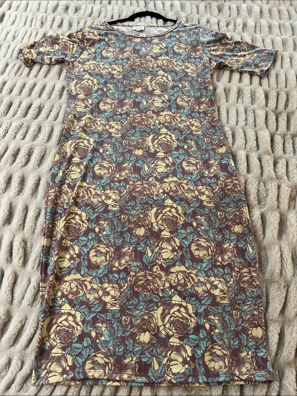 LuLaRoe Julia dark lavender, cream/tan and Teal Floral Midi Dress